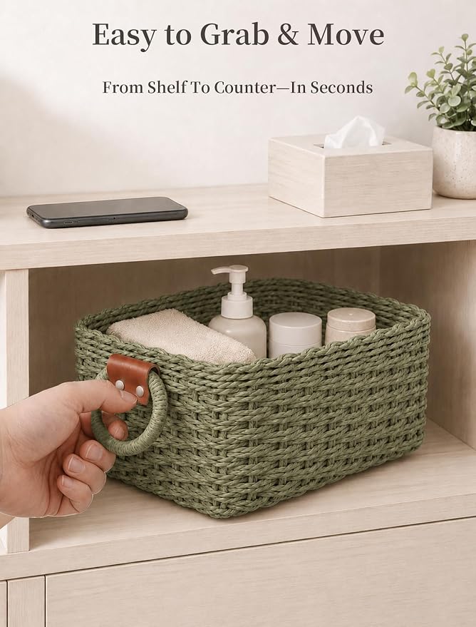 Small Wicker Baskets, 3 PCS Paper Rope Baskets for Shelves, Green | Recycled Small Baskets, 3 Sizes Woven Baskets for Organizing, Decorative Storage Baskets for Bedroom and Bathroom