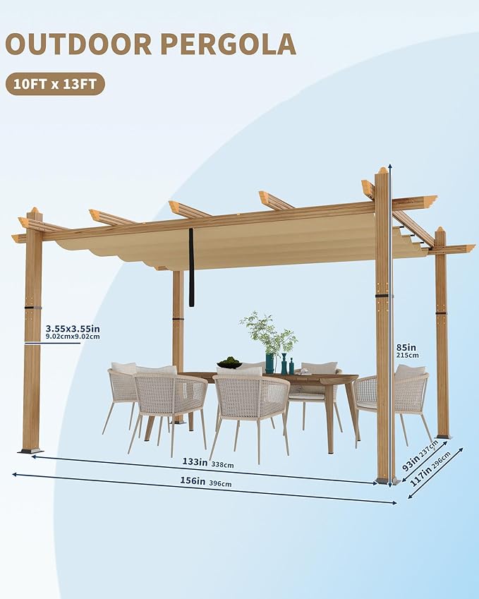 KYBOLT 10x13 Ft Outdoor Pergola with Retractable Canopy Upgraded Aluminum Faux Wood Grain Patio Pergola for Modern Backyard Deck Porch Grape Trellis(Khaki)