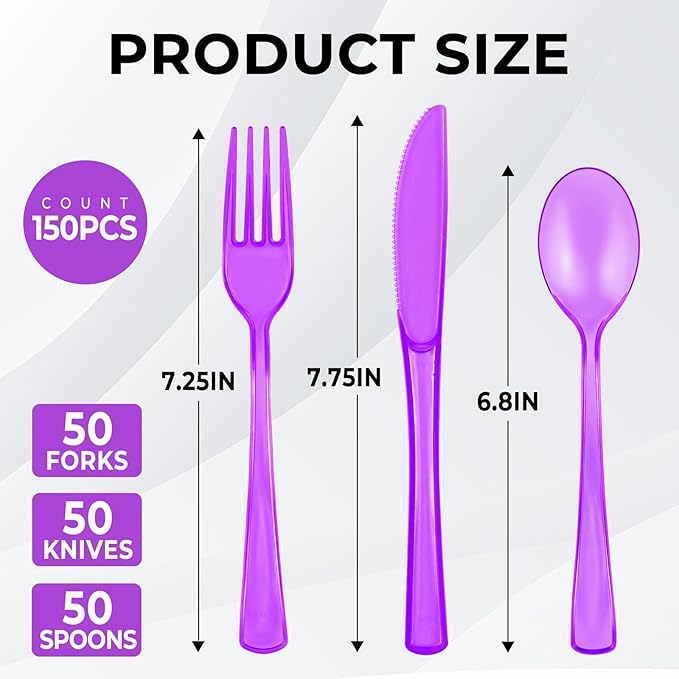 75 PCS Plastic Silverware Disposable Silverware Heavy Duty Utensil Sets 25 Of Each Forks Knives & Spoons Disposable Cutlery Set For Easter,Birthday,Baby Shower,Garden Party,Wedding(75,Purple)