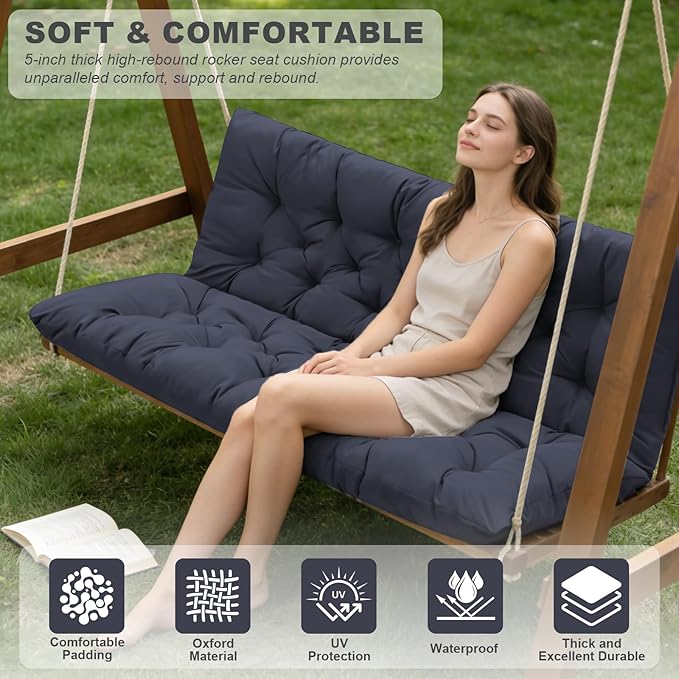 Porch Swing Cushions,Outdoor Cushions 3 Seater Replacement with Backrest, Waterproof Thickened Bench Cushion with Ties for Porch, Patio,Outdoor, Backyard and Garden (Navy Blue 47 * 40 in)