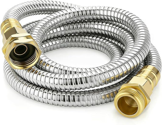 Short Stainless Steel Metal Garden Hose 5 ft, 3/4" Female to Male Solid Brass Connector, Small Leader Hose for Hose Reel, Durable, Flexible, Lightweight, Outdoor Water Hose Extension Adapter