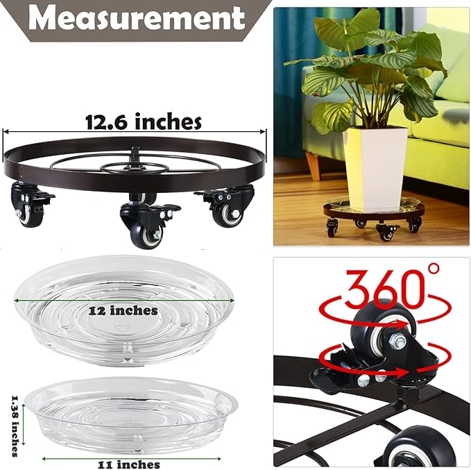 Planterhoma 3 Packs 12.6 inches Large Metal Plant Caddy with Wheels Plant Dolly Coasters Heavy-duty Wheeled Rolling Plant Stand with Casters for Indoor Outdoor Flower Pot Mover Rollers