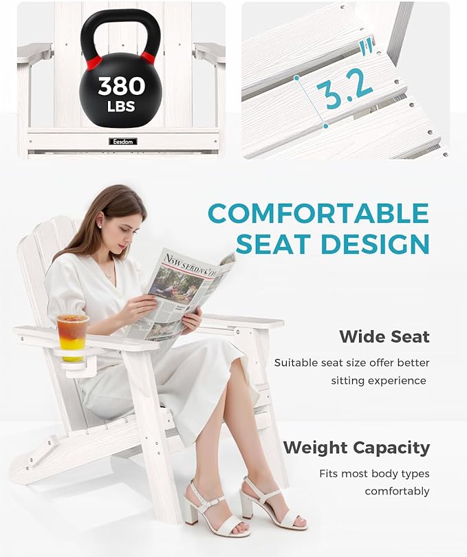 Folding Adirondack Chair, HDPE Adirondack Chair with 2 Cup Holders, Pre-Assembled Outdoor Fire Pit Chairs for Patio, Garden, Poolside, White
