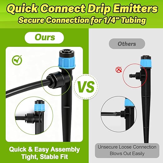 30 Pack Quick Connect Drip Emitters Set for 1/4" Irrigation Tubing, Adjustable 360 Degree Water Flow Irrigation Sprayer 15pcs Vortex Emitter+ 15pcs Stream Dripper for Garden Watering System