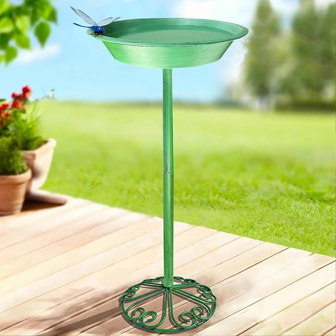 WANGIRO Stand Bird Baths for Outdoors 12 Inch Outdoor Garden Bird Feeder Metal Birdbath with Magnetic Dragonfly for Backyard Birding Freestanding for Garden Yard and Lawn Decoration-Green