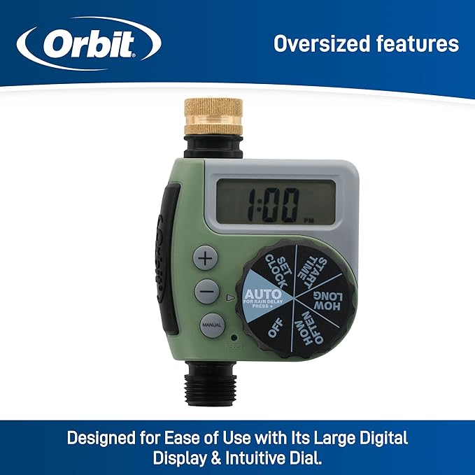 Orbit One Outlet Single-Dial Hose Faucet Timer - Easy Programmable - for Garden Watering System - LCD Hose Timer with Adjustable Watering Schedule - 62056