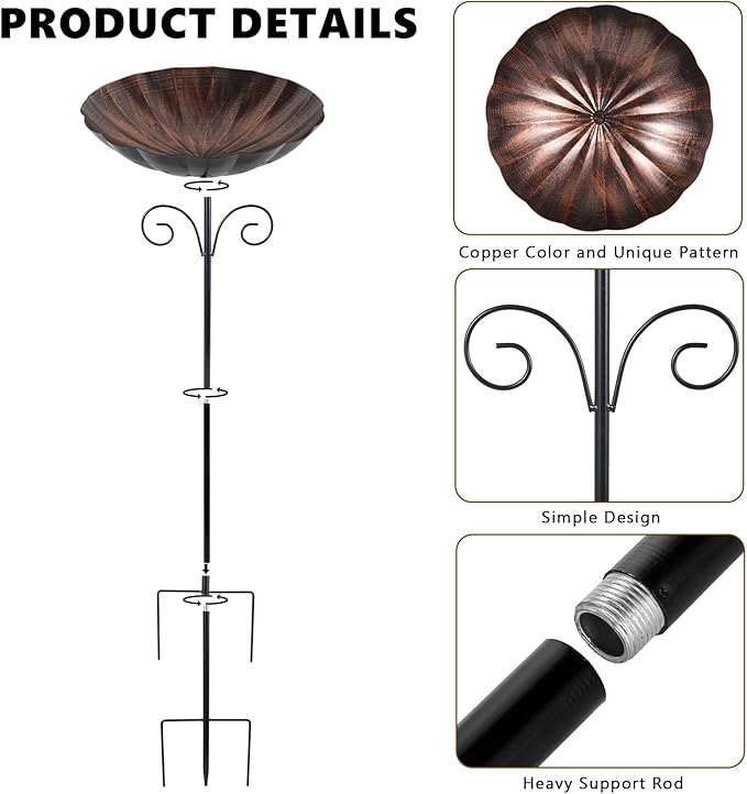 Metal Bird Baths for Outdoors, 39" H Birdbath with 10 Inch Bowl, Standing Bird Bath & Bird Feeder with Stake for Outside Garden Patio Yard Lawn Decor, Copper