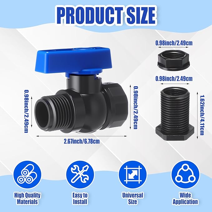 12 Packs Rain Barrel Spigot Kit 3/4" GHT Heavy Duty Plastic Garden Hose Shut Off Ball Valve Water Garden Hose Connector for Rain Barrels Telescopic Water Pipe(PVC Valve)