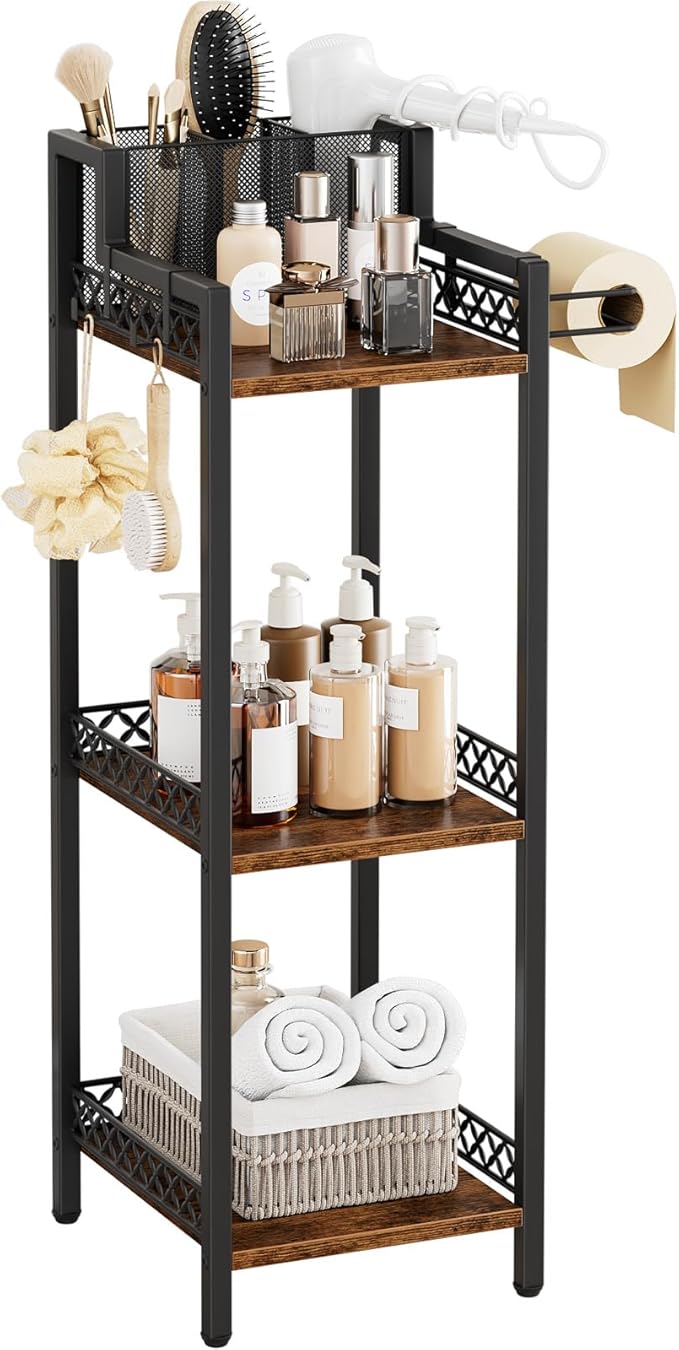 Bathroom Storage and Organizer Shelf Hair Dryer Holder, 9.85in | 3-Tier Narrow Metal Standing Rack with Toilet Paper Holder,Makeup Stand for Cosmetic, Vanity, Kitchen, Laundry Rustic Brown