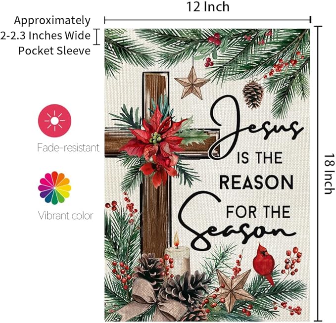 CROWNED BEAUTY Christmas Garden Flag Jesus Is the Reason for the Season 12x18 Inch Double Sided Religious Cross Decoration for Outside Yard CF1890-12