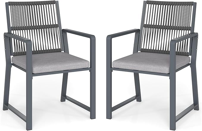 Outdoor Patio Wicker Rattan Dining Chairs, Heavy-Duty Wrought Iron Frame Supports 300lbs, Ergonomic Backrest, Detachable Breathable Cushion, for Garden & Porch, Dark Gray, Set of 2