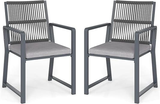 Outdoor Patio Wicker Rattan Dining Chairs, Heavy-Duty Wrought Iron Frame Supports 300lbs, Ergonomic Backrest, Detachable Breathable Cushion, for Garden & Porch, Dark Gray, Set of 2