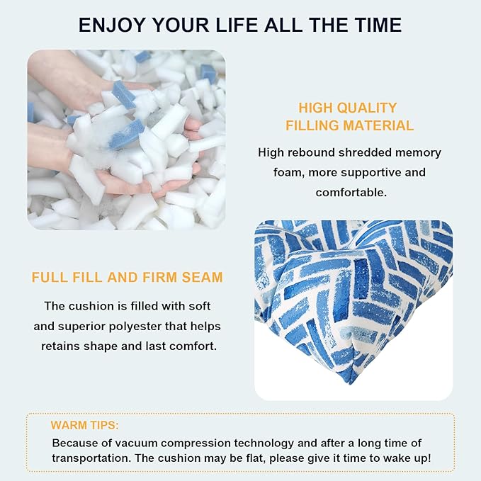 DYTXIII Set of 2 Outdoor Chair Cushions 19"x19"x4", Water Repellent Tufted Patio Seat Cushions with Ties, Thick Replacement Pads for Wicker Dining Chairs, Patio Furniture, Blue Bricks