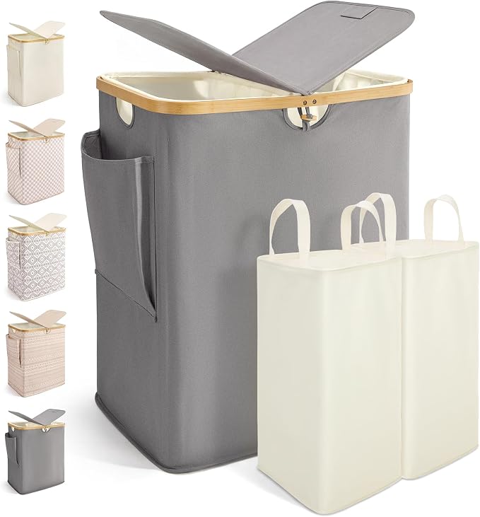 MIZATTO 2 Section Laundry Hamper with Lid, 140L Dirty Clothes Hamper | Double Laundry Basket with Bamboo Handles for Laundry Room, Bathroom, Bedroom, Clothes Hamper Dual Laundry Bin