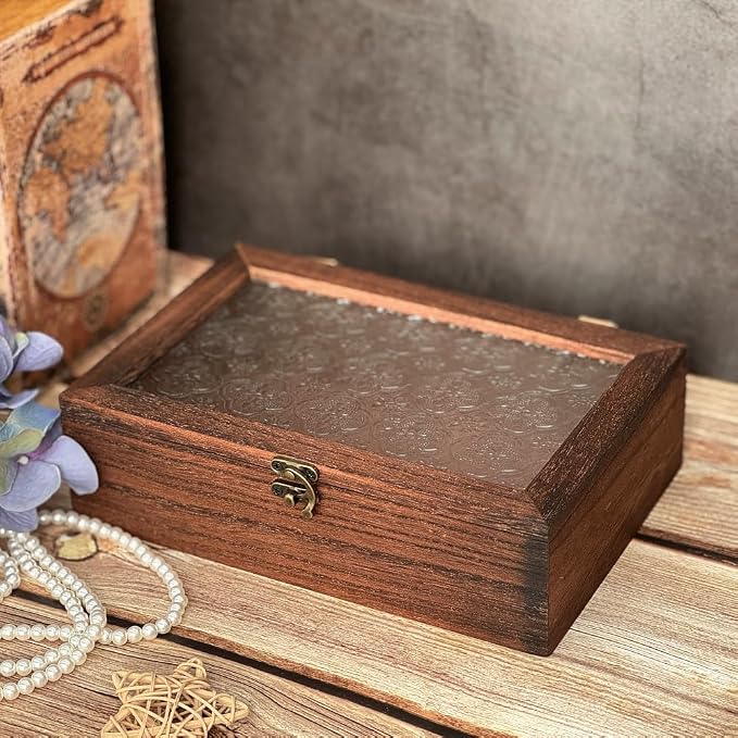 Decorative Box, Vintage Wooden Storage Box with Glass Lid, Keepsake Box, Decorative Storage Box for Photo, Memory, Jewelry, Trinket, Christmas Gift and Home Decoration (Medium)