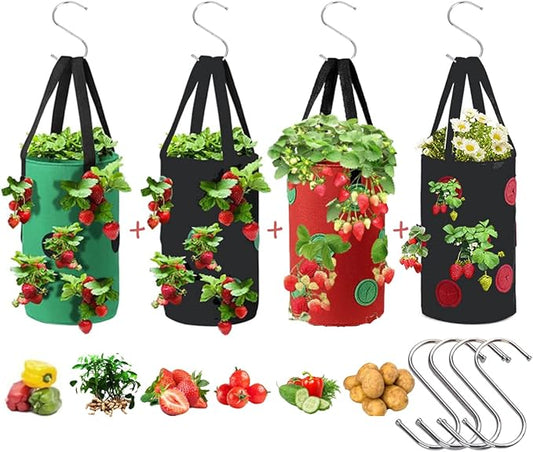 4 Pcs Hanging Strawberry Planter Bags 3 Gallon Upside Down Strawberry Planter and 4 Hooks, Sturdy Hanging Handle Thickened Breathable Felt Cloth for Herb Tomato Hot Peppers Vegetables (4Pcs 3Gal)
