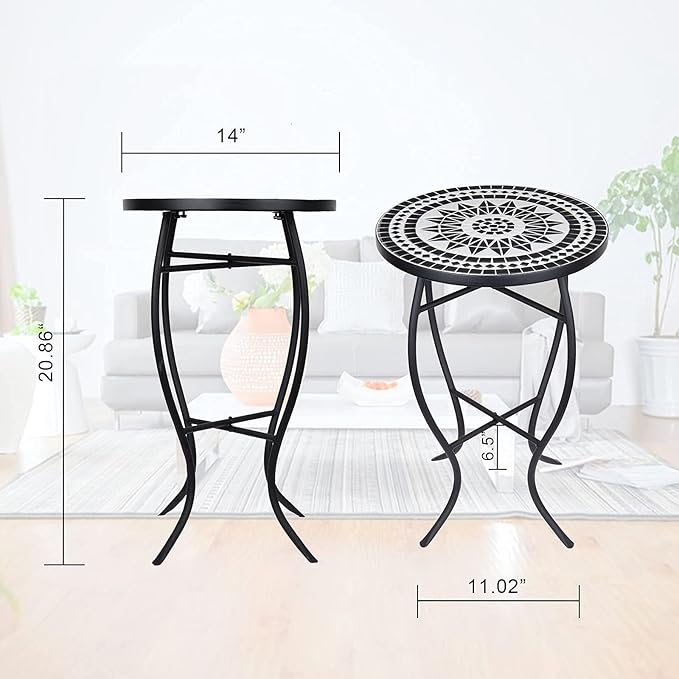 Vipush Mosaic Patio Side Table Outdoor Accent Table Bistro Coffee Table Plant Stand Indoor Folding Round End Table for Small Porch Balcony Backyard,Black