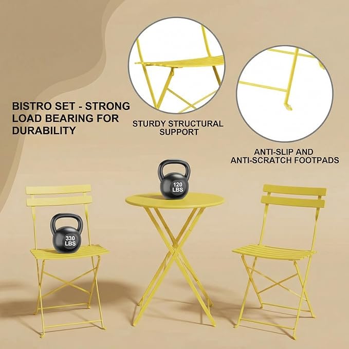GarveeHome 3-Piece Foldable Bistro Set, Outdoor Patio Furniture with 2 Folding Chairs & 1 Table, Weather-Resistant Indoor/Outdoor Conversation Set for Patio, Yellow
