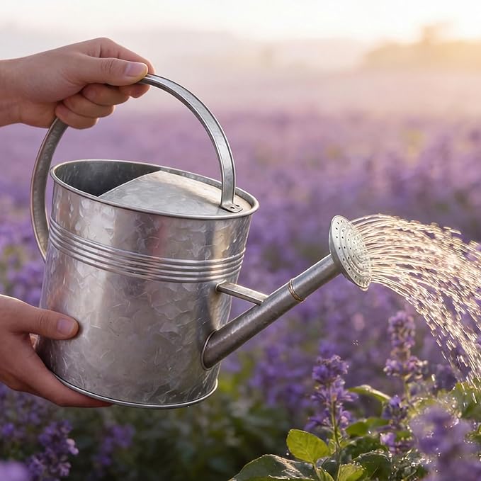 9.5L Metal Watering Can for Outdoor Garden, Galvanized Steel Large Watering Can Pot with Top Handle and Long Spout, Rust-Resistant Water Can for Flower, Lawns, and Farm Use