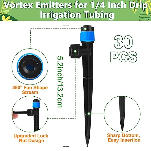 Push-to-Fit Drip Irrigation Vortex Emitters for 1/4" Drip Irrigation Tubing, 30 Pcs Adjustable 360 Degree Water Flow Fan Shape Drippers with Stake for 4/7mm Tube for Garden Watering System
