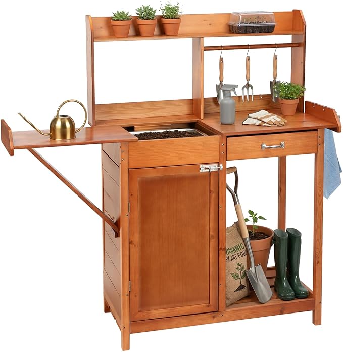 OOOK Potting Bench, Nordic Scots Pine Potting Table with Sink and Storage Shelves, Garden Bench, Workstation for Outside Patio Lawn, Wooden Garden Work Station
