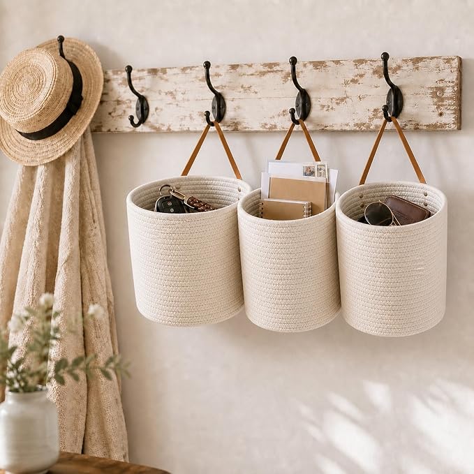 Honeydak 3 Hanging Baskets, White, Cylinder, Cotton Rope | Wicker Wall Baskets with Hooks for Fruit Vegetable Onion Storage, Teardrop Organizer for Kitchen, Boho Farmhouse Decor