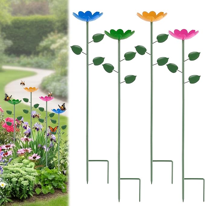 Bee Watering Station with Larger Capacity, 4 Pack Colorful Bee Water Feeder, Durable Metal Butterfly Bee Baths for Garden, Bee Cups with Flower Design for Outdoor Garden Decor