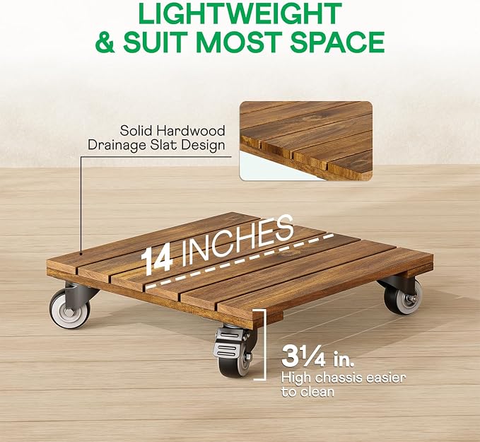 2-Pack 12 Inch Acacia Wood Rolling Square Plant Caddy for Plant Pots, Heavy Duty Plant Stand with 360° Lockable Wheels, 264 lbs Capacity Caddy for Indoor and Outdoor Use, Natural Wood