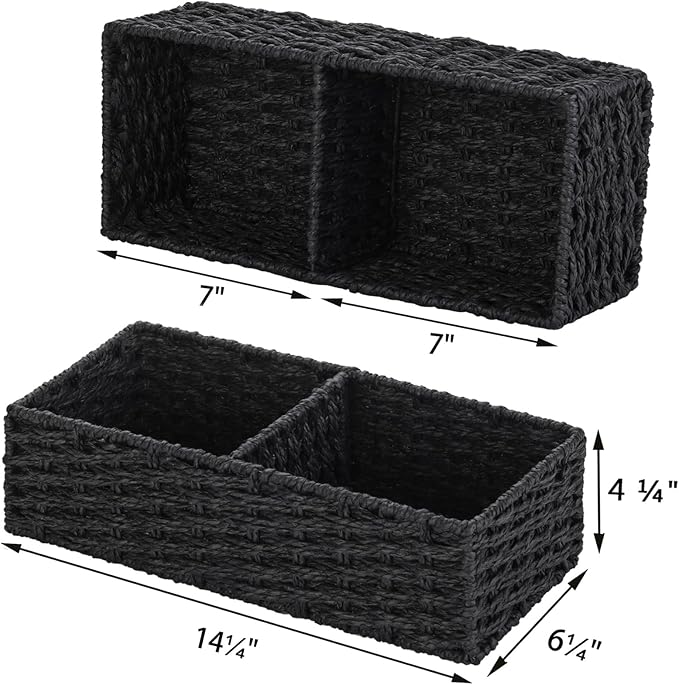 Vagusicc 2 Section Wicker Storage Basket, Black Wicker Baskets, Toilet Tank Basket, Small Baskets for Organizing Storage Shelves, 2-Pack
