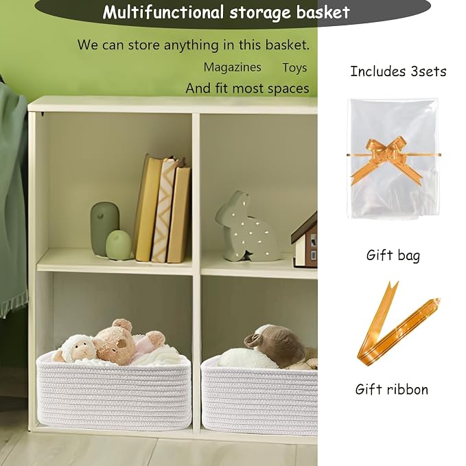 COMFY HOMI 11.5"x7.5"x4.7" Storage Baskets for Organizing | Cotton Rope Woven Basket | Toy Storage Bin Box | Basket for Shelves, Closet Organizer Bin, Decorative Closet Shelf, 3 Pack,