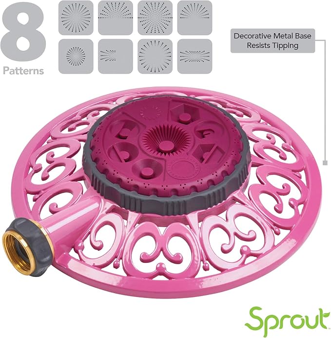 Melnor 65100-AMZ Sprout Metal 8-Pattern Sprinkler and QuickConnect Product Adapter Amazon Bundle, Raspberry Red