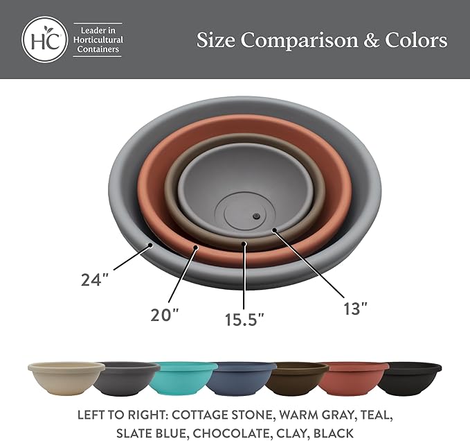 The HC Companies 24 Inch Shallow Garden Bowl Plant Pot with Drainage, Lightweight UV-Resistant Plastic Planters for Succulents, Herbs & More, 2-Pack Planters for Indoor Outdoor Home Decor, Warm Gray