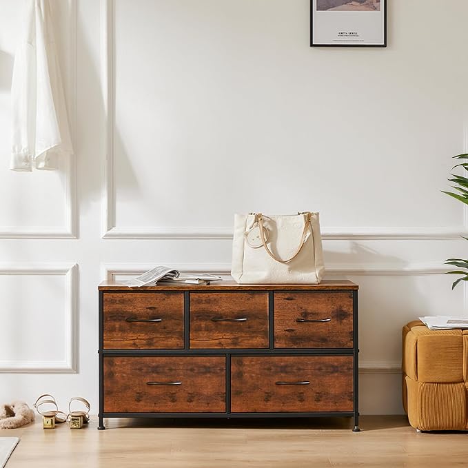 OLIXIS 5 Drawer Dresser for Bedroom, Wide Fabric Storage Tower, Brown