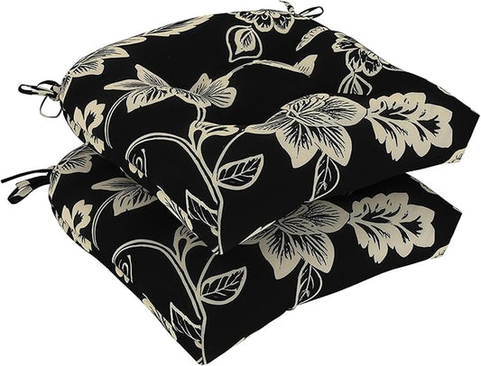 DYTXIII Set of 2 Outdoor Chair Cushions 19"x19"x4", Water Repellent Tufted Patio Seat Cushions with Ties, Thick Replacement Pads for Wicker Dining Chairs, Patio Furniture, Vines Black