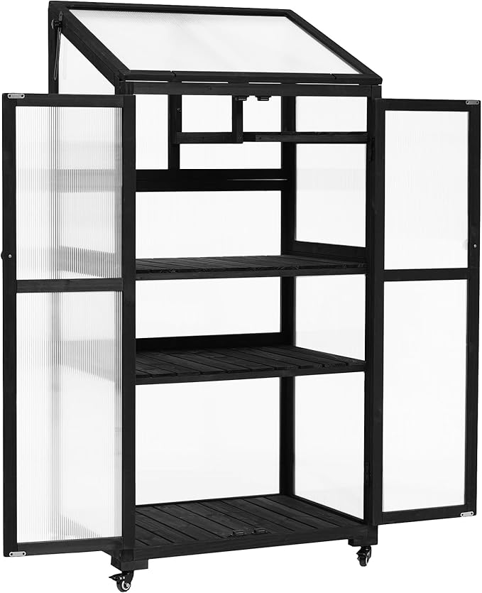 Mini 4-Tier Greenhouse with Locking Wheels, 62 Inch Height Portable Wooden Green House Cold Frame with Adjustable Shelves and Vent, Small Garden House for Outdoor Indoor, Black