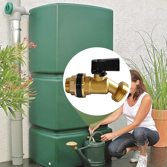 Uenede Brass Water Container Rain Barrel Faucets Spigot 3/4" G Male Thread Large Inlet to 3/4" GHT Male Thread Outlet with Quarter Turn Ball Valve Include Bulkhead Fitting and Washers