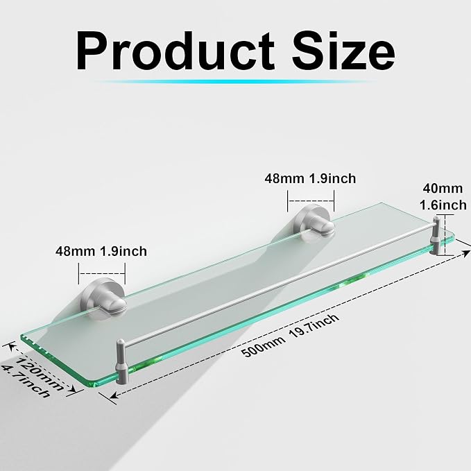 20 Inches Glass Shelves for Bathroom, Brushed Nickel Floating Glass Shelf Stainless Steel Tempered Glass Bathroom Shelves for Wall Mount Modern