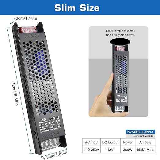 LED Driver 12V 200W 16.6A Slim LED Power Supply, AC 100-250V to 12V DC Adapter, Constant Voltage LED Transformer for Strip Lights, Bulbs, Garden and Cabinet Lights