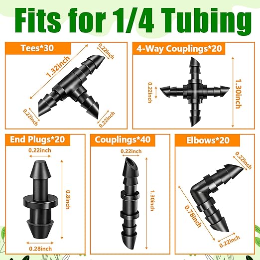 Drip Irrigation Fittings Kit for 1/4" Tubing, 130 Pieces Drip Line Connectors for Drip Systems - 40 Couplings, 30 Tees, 20 Elbows, 20 End Plugs, 20 Cross Tees Drip Irrigation Parts