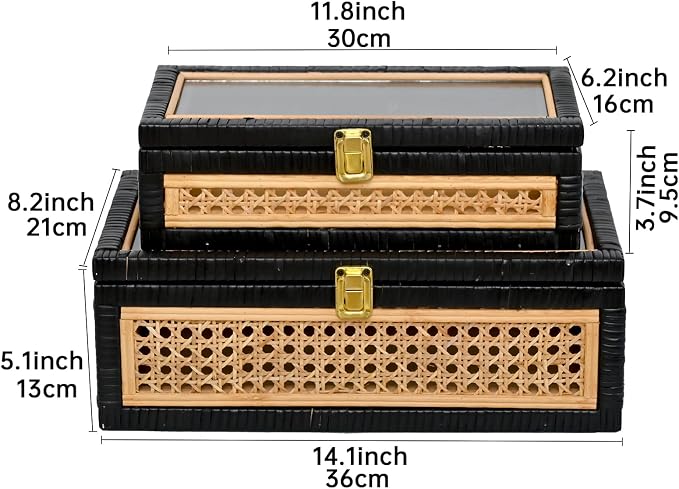 Black Rattan Decorative Wood Storage Boxes with Glass Lids Set of 2 | Ribbed Display Cases with Cane Weave & Solid Base – Nesting Coffee Table Organizer for Boho Chic Home Decor, Keepsakes