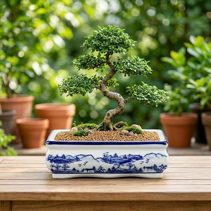 Blue and White Ceramic Bonsai Pot Large Shallow Bonsai Trees Pot Planter for Outdoor Use, 9" Ceramic Plant Pots with Drainage Hole for Cacti, Orchids, Succulents, Bonzie Tree Pots for Patio, Garden
