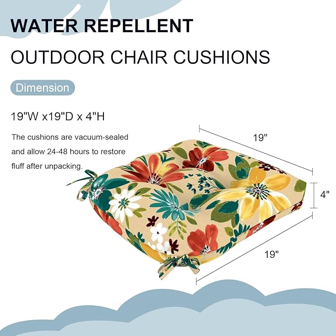 DYTXIII Set of 2 Outdoor Chair Cushions 19"x19"x4", Water Repellent Tufted Patio Seat Cushions with Ties, Thick Replacement Pads for Wicker Dining Chairs, Patio Furniture, Flower Multi
