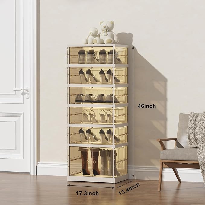 SYNCVIBE Shoe Rack Organizer for Closet Entryway Foldable Sneaker Storage Shoe, Collapsible Shoe Cabinet, Stackable Shoe Storage Cabinet with Lids for Living Room (6 Tiers -12 Pairs Transparent)