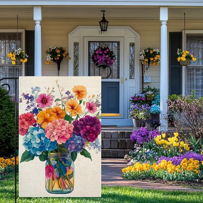 Spring Summer Colorful Floral Mason Jar Garden Flag 12x18 Inch Double Sided Hydrangea Flower Yard Outdoor Flag House Holiday Outside Decoration
