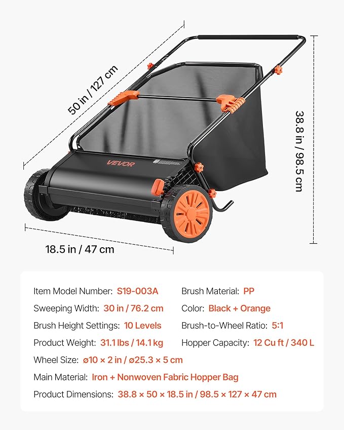 VEVOR Push Lawn Sweeper, 30 in Leaf & Grass Collector with 12 cu. ft. Hopper Bag, Adjustable Brush Height & Spinning Brushes, Heavy Duty Yard Sweeper with Rubber Wheels for Leaves Grass Cleanup