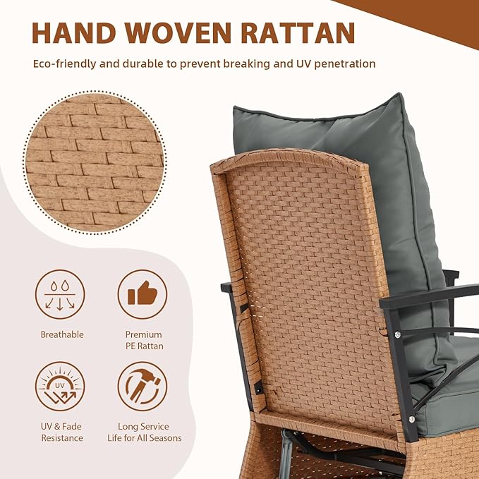 MELLCOM 3 Pieces Patio Furniture Set, Outdoor Swivel Patio Rocker Chairs with Thick Cushions and 2-Tier Coffee Table, Oversize Wicker Bistro Conversation Sets for Garden, Balcony, Backyard, Grey