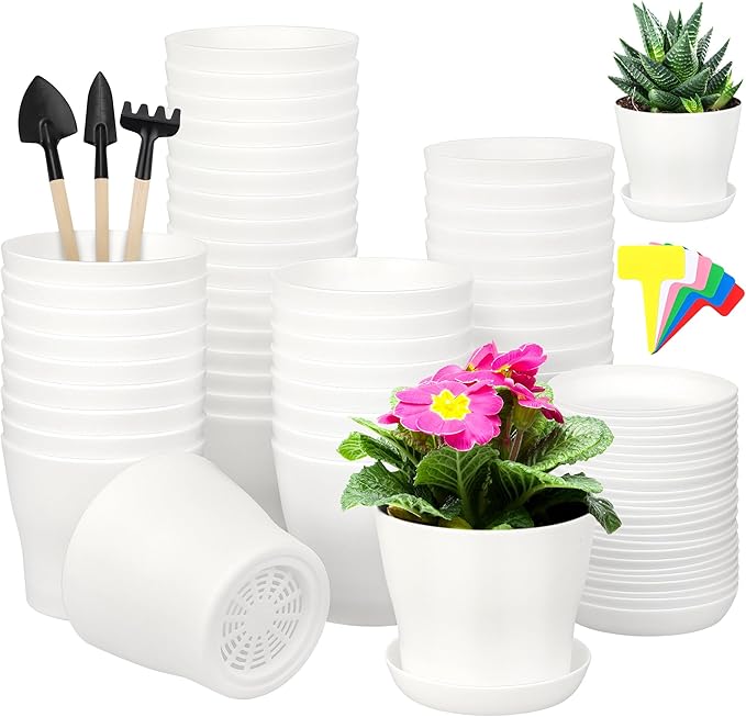 Hahood 48 Pack Plastic Planters 4 Inch Flower Plant Pots Indoor Set Thickened Seedling Nursery Pots Seed Starting Pots with Drainage Holes Saucers, Mini Garden Tools for Home Office Garden, White