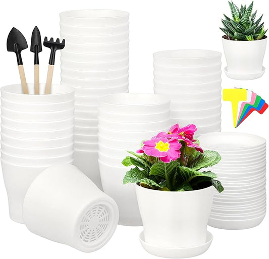 Hahood 48 Pack Plastic Planters 4 Inch Flower Plant Pots Indoor Set Thickened Seedling Nursery Pots Seed Starting Pots with Drainage Holes Saucers, Mini Garden Tools for Home Office Garden, White
