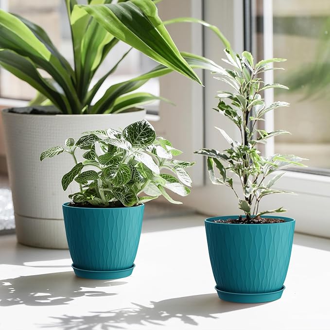 WSMKSZ 6 inch Plant Pots, 5 Pack Flower Pots with Drainage Holes and Saucers for Indoor Plants, Plastic Planters with Water Ripple for Small Garden House Plants, Nursery Pots for Succulent, Blue Green