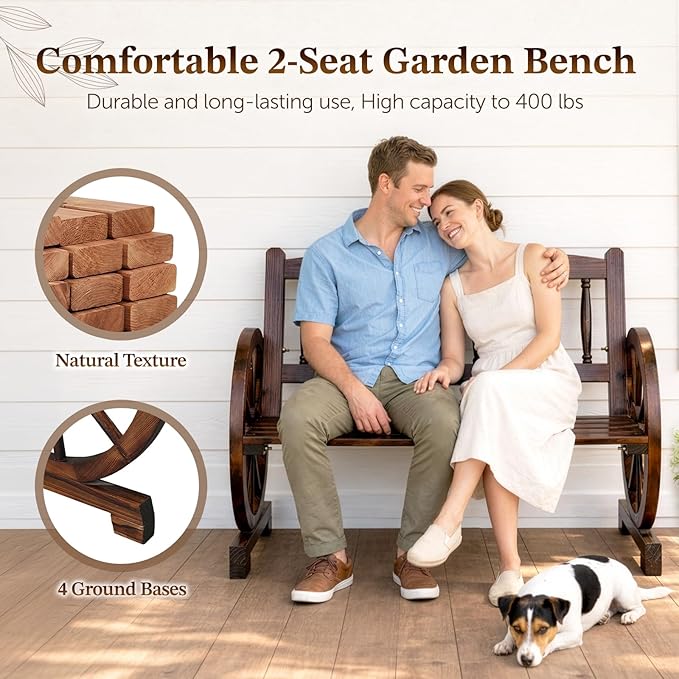 Outvita 41'' Outdoor Wooden Bench, 2-Person Rustic Wagon Wheel Bench with Slatted Seat and Carbonized Fir Wood Construction, Weather-Resistant Garden Bench for Patio, Porch and Backyard(Dark Brown)